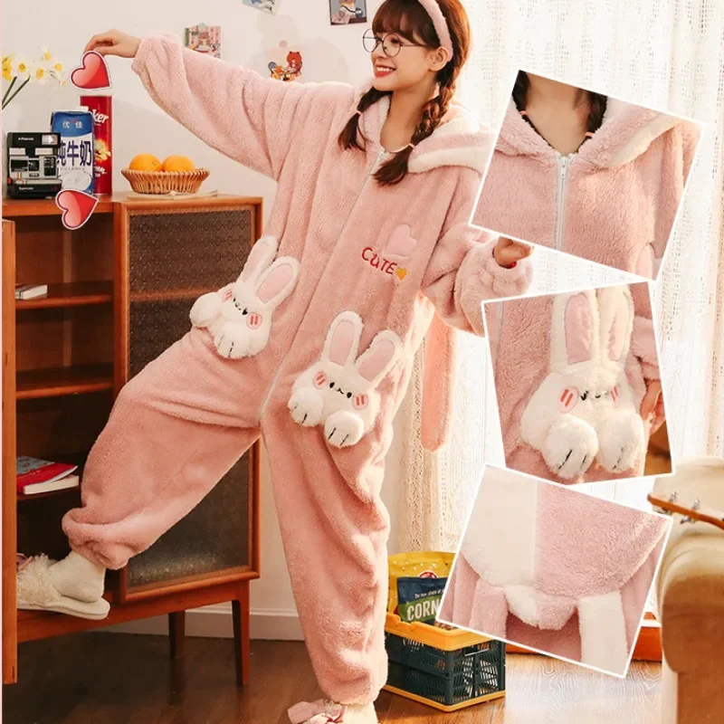 Coral Velvet Onesies Women Cute Rabbit Preppy Cartoon Hooded Kawaii Thicker Keep Warm Cotton Pajamas Homewear Sweet Girl New