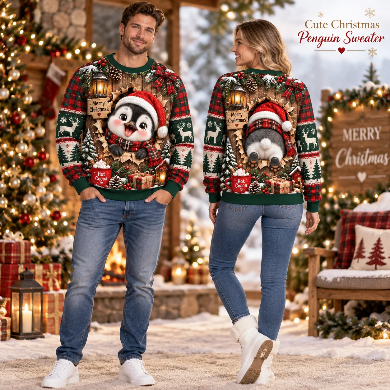 Hot Penguin Ugly Christmas Sweater, Cozy Holiday Sweaters With Santa Hat Snow Scene For Winter Party And Xmas Gift