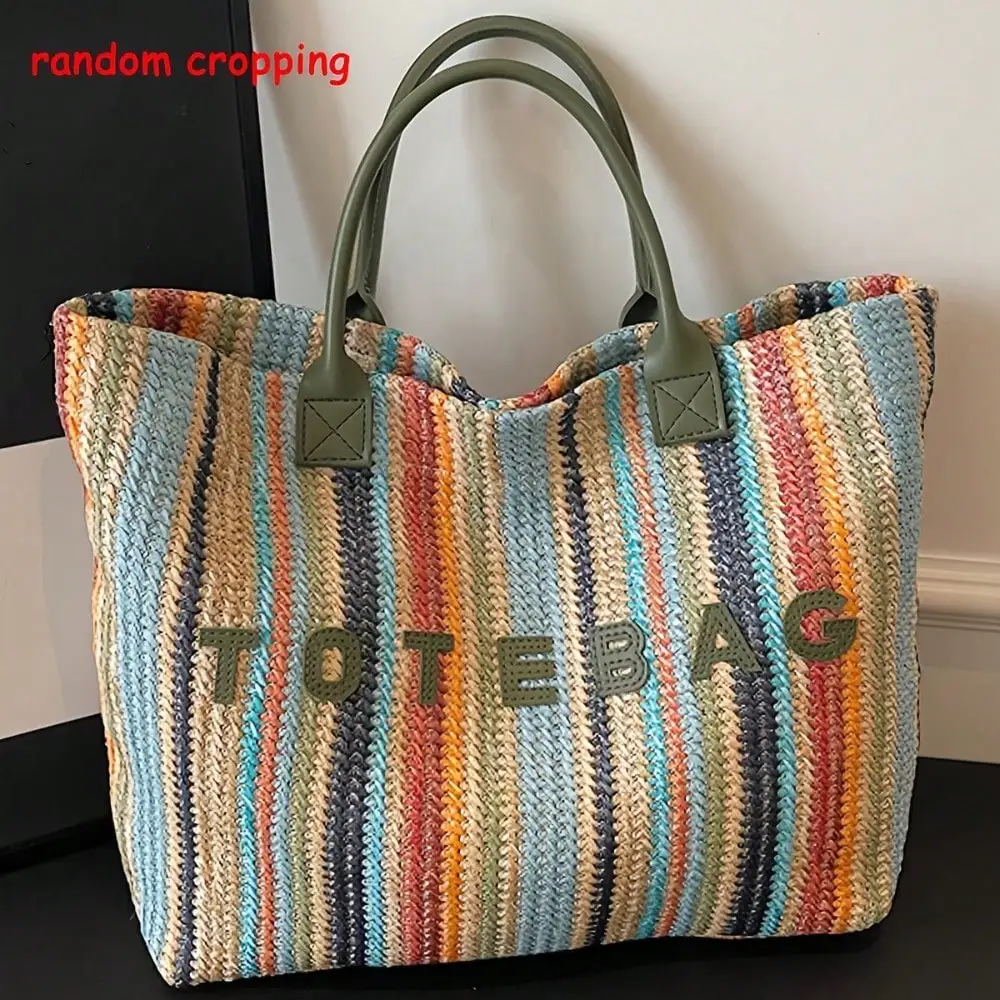 Straw Handbag Color Stripes Bohemian Style Letter Pattern Summer Beach Vacation Daily Outing Shopping