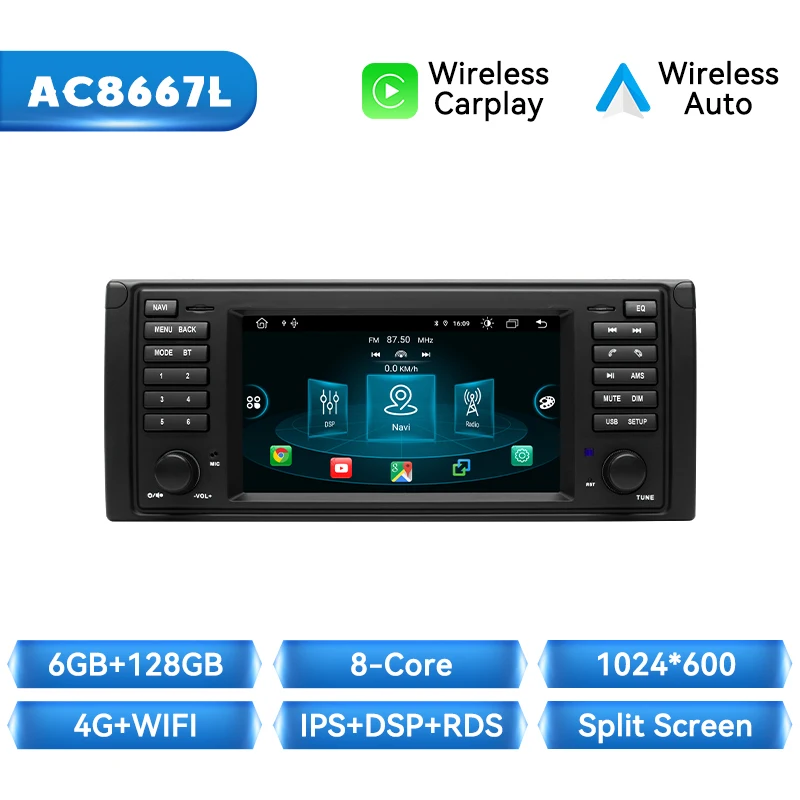 Draadloze CarPlay Autoradio Voor BMW 5 Serie E39 X5 E53 M5 1996-2003 Android 14 8Core 128G Android Auto Multimedia GPS Autoradio