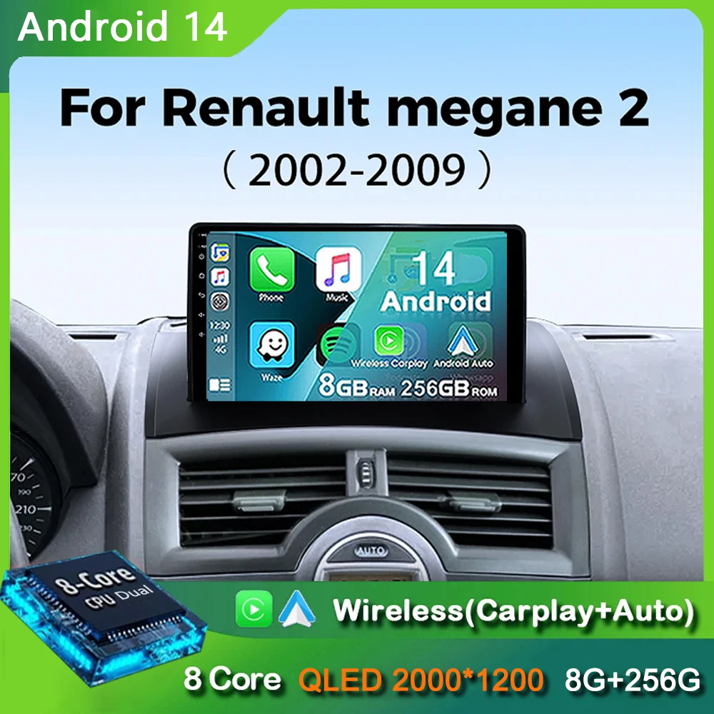 

Автомагнитола Carplay 2DIN на Android 14 с поддержкой Wi-Fi и 4G для Renault Megane 2 2002-2009, мультимедийный видеоплеер с GPS и BT