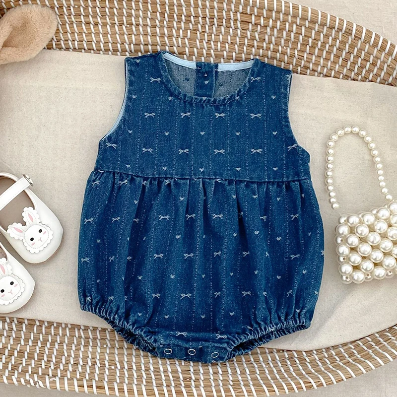 

2025 New Autumn 0-24M Children Clothes Korean Style Climbing Suit Sleeveless Denim Print Jumpsuit Toddler Baby Girl Romper