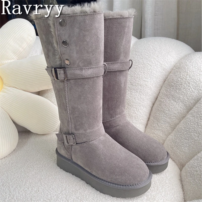 

Fashion Winter Women's Suede Snow Boots Round Toe Belt Buckle Platform Thick Sole New Keep Warm Flat Mid Calf Boots