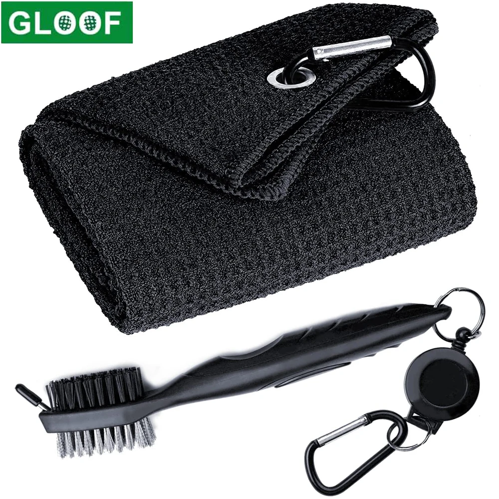 

Golf Towels,Waffle Pattern Tri-fold Golf Towel- Brush Tool Kit with Club Groove Cleaner,Golf Gifts (Black Towel+Black Brush)