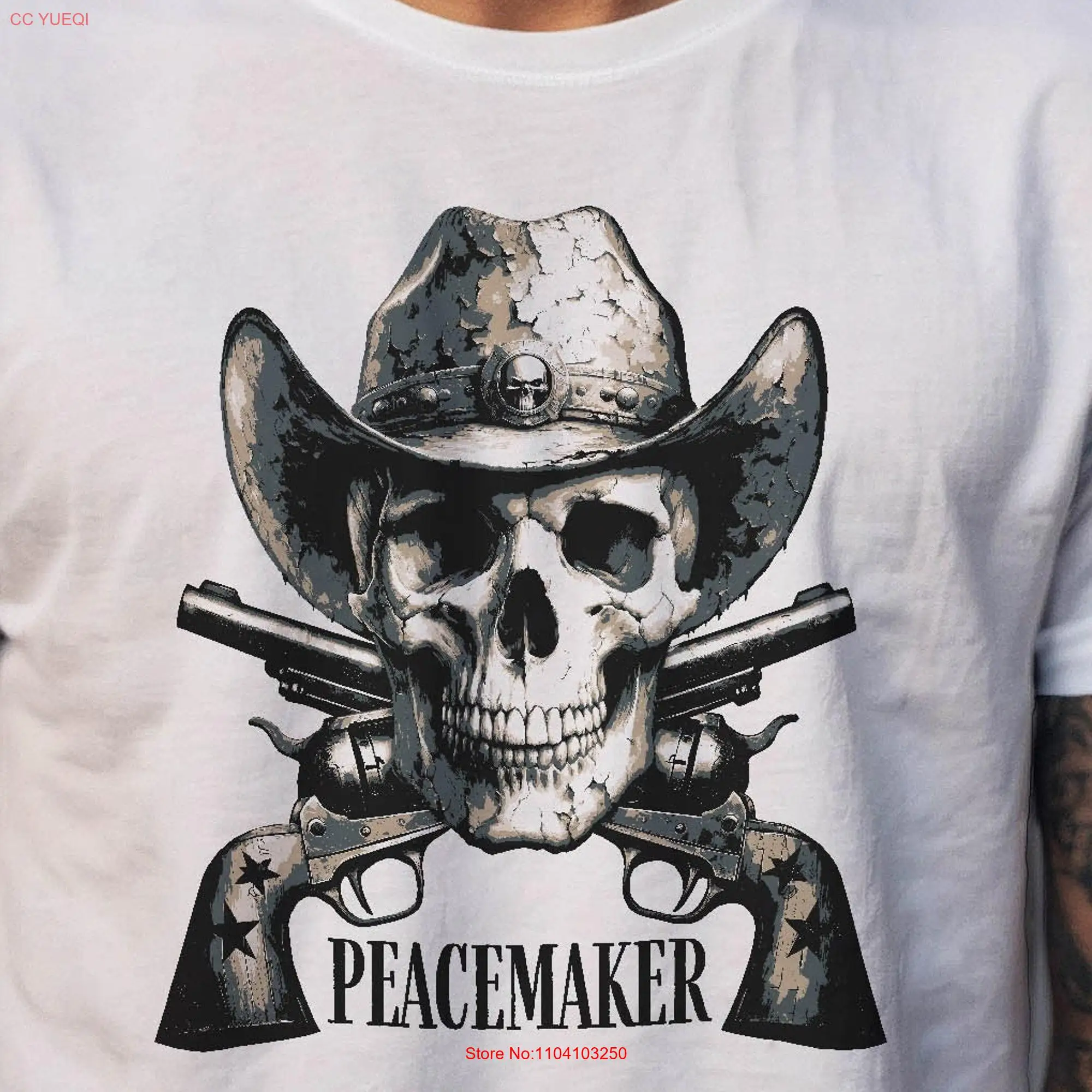 Peacemaker T Shirt Cowboy Skull Colt 45 Wild West Outlaw Sheriff Revolver Western Americana Pistols vintage gift 496APT2