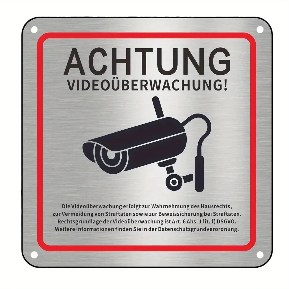 Retro German Achtung Video Überwachung Flat Aluminum Wall Art Waterproof Security Decor with Camera Pattern for Home Garage