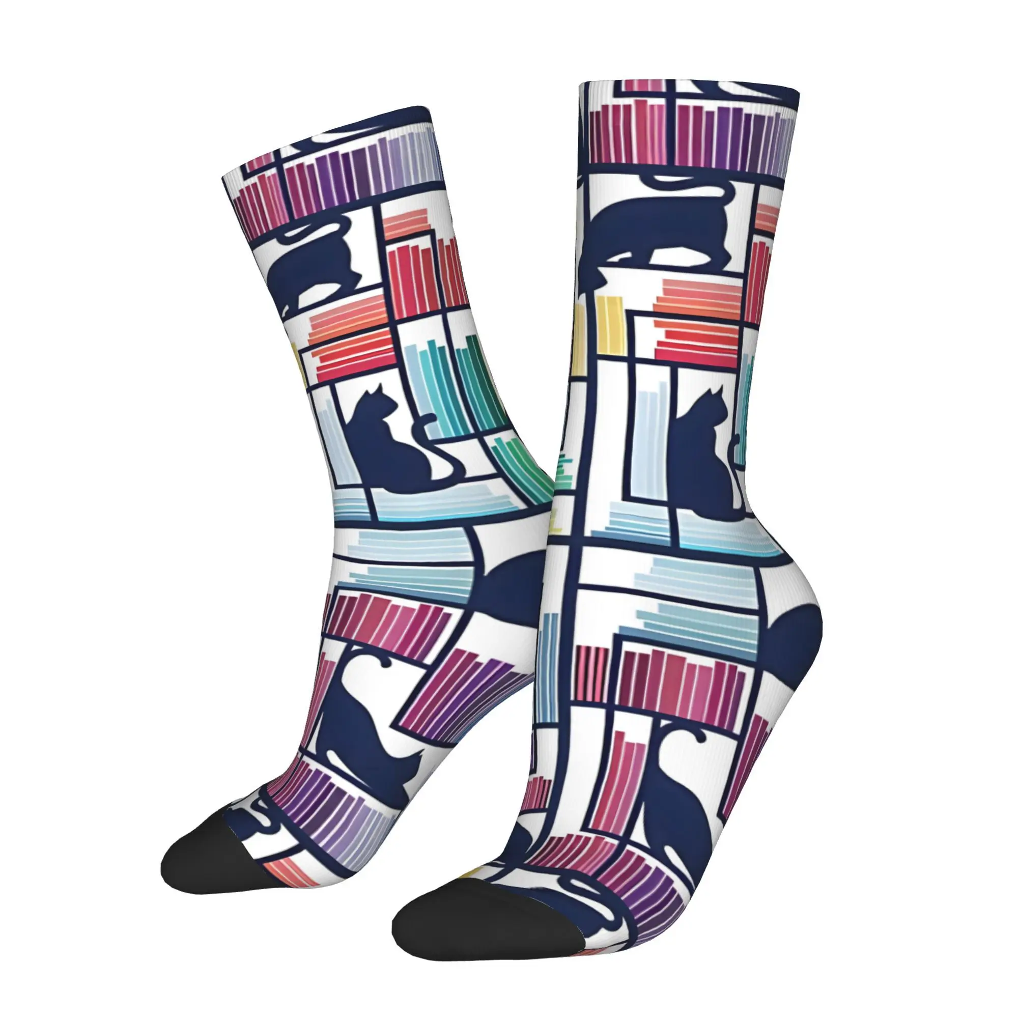 

Rainbow Bookshelf White Background Navy Blue Shelf And Library Cats Sock Printed Man Polyester Fashion