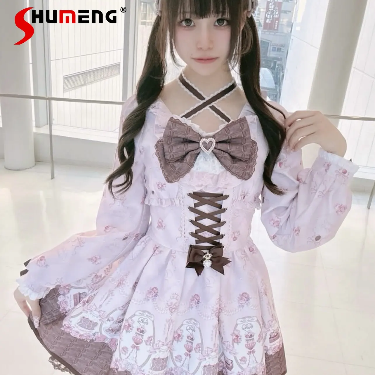 

Japanese Mines Style Sweet Cute Girl Liz Dresses Cross Halter Neck Long Sleeve Cartoon Print Kawaii Lolita OP Dress for Women