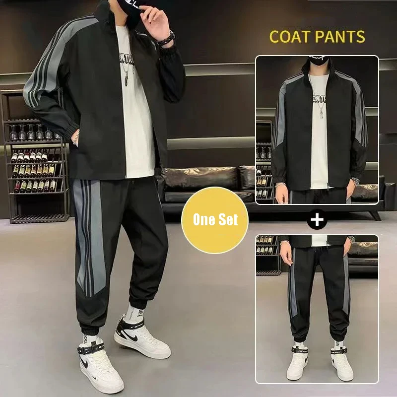 Fashionable New Men\'s Loose Casual Round Neck Jacket Bundle Foot Drawstring Pants Four Seasons Can Wear Outdoor Sportswear Sets