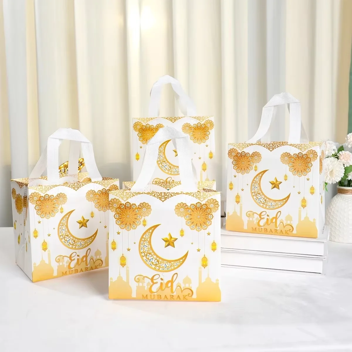4Pcs Eid Mubarak Gift Bag Ramadan Decor 2025 Nonwoven Pouch Cookie Candy Packaging Bags Muslim Islamic Ramadan Kareem Supplies