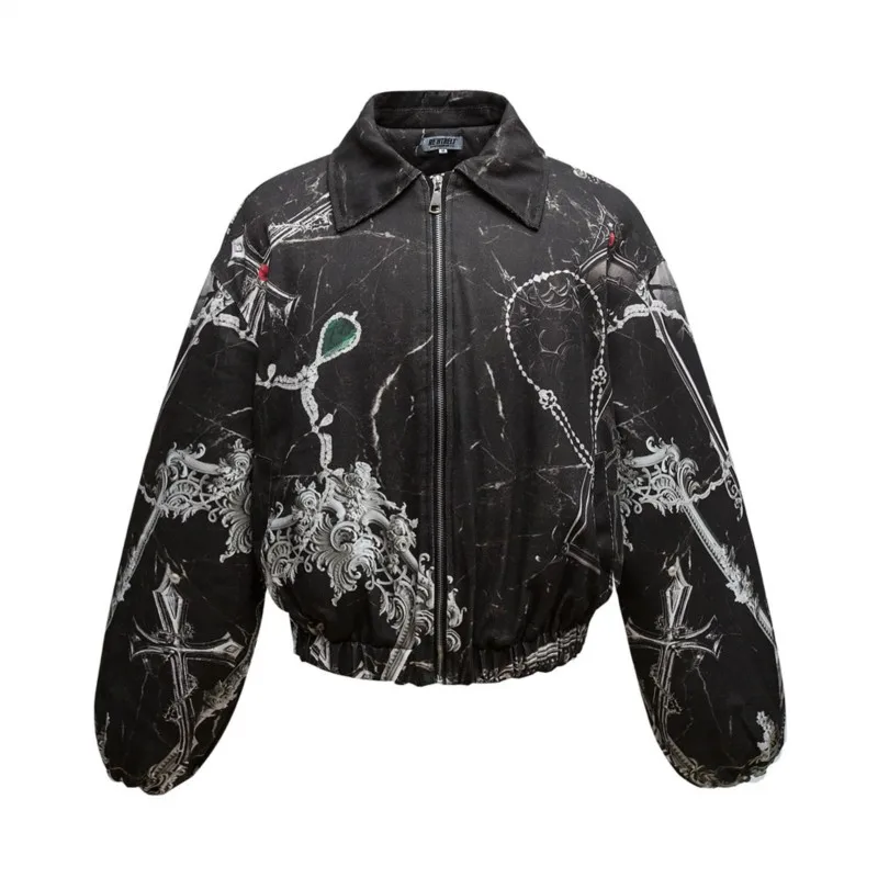 

Gothic Full Chain Print Mans Puffer Jackets, Oversized Streetwear Men's Winter Jacket, Thickened Cotton Coat Womans