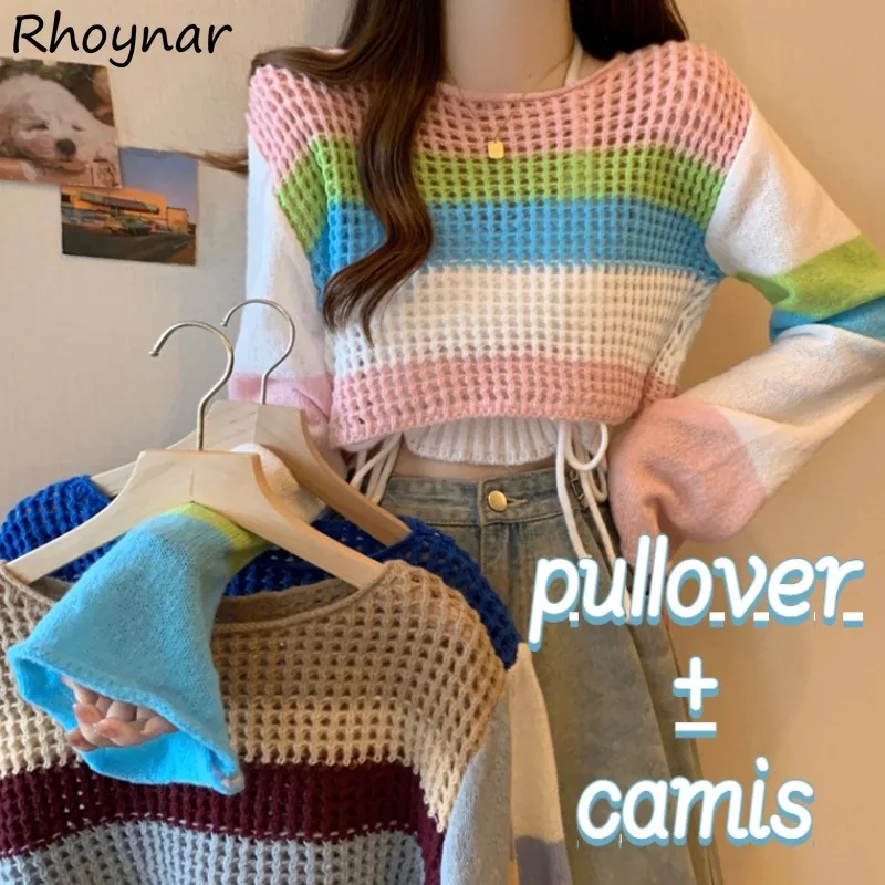 

Knitting Women Sets 2 Pcs Hollow Out Y2k Sweet Striped Pullovers Autumn Crop Halter Shirring Hot Girl Camisole Gentle Cozy OOTD