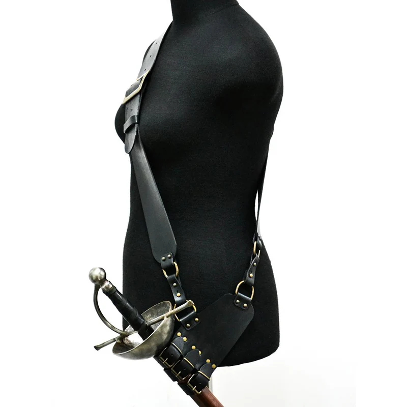 القرون الوسطى حزام الكتف حامل السيف غمد غمد فارس القراصنة زي قابل للتعديل بولي حزام حزام جلد الحافظة سيف ذو حدين شماعات LARP