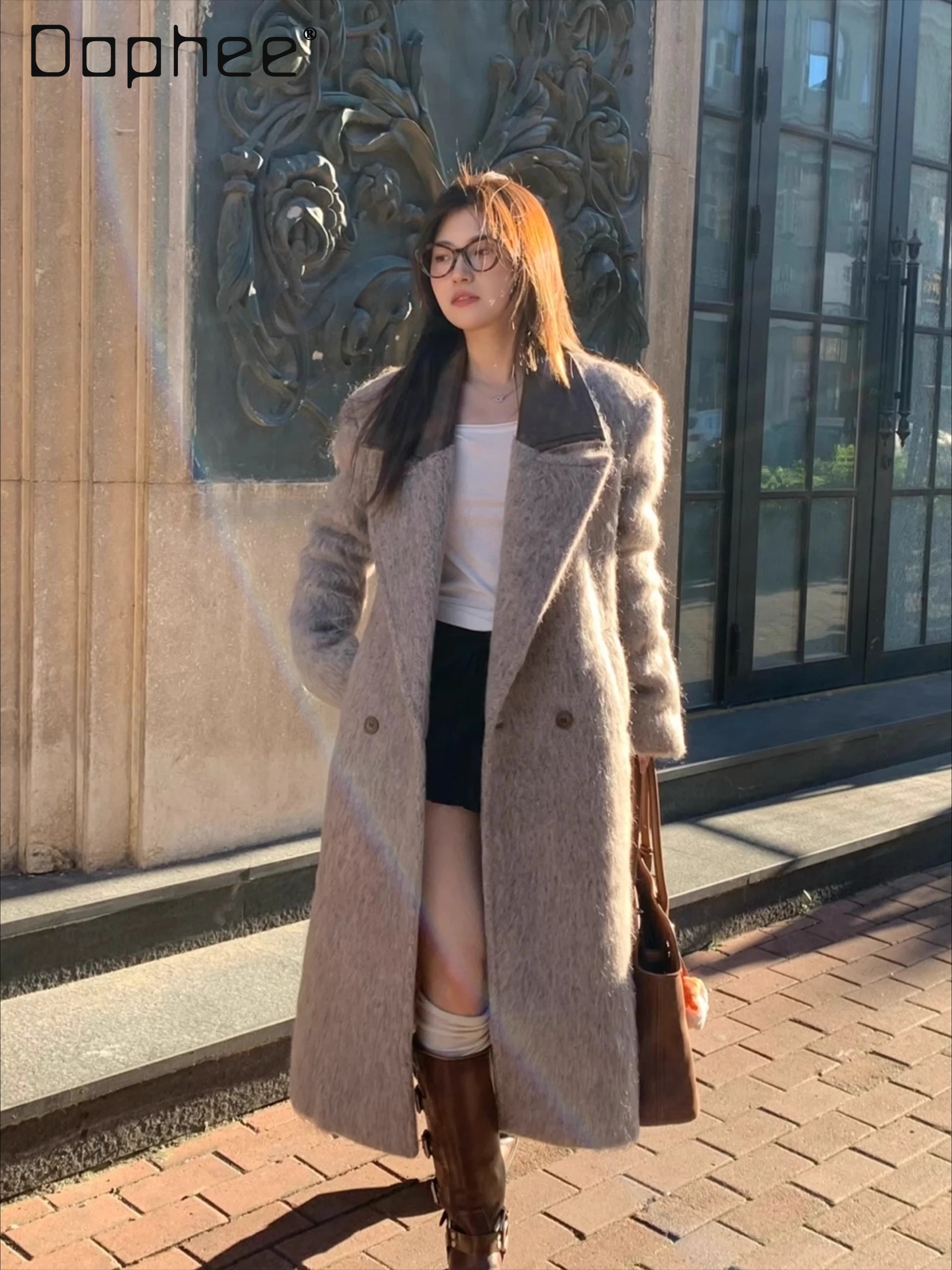 

Корейский стиль Ins, модное лоскутное цветное длинное шерстяное пальто, женское осенне-зимнее высококачественное винтажное двубортное шерстяное пальто из искусственной кожи с лацканами