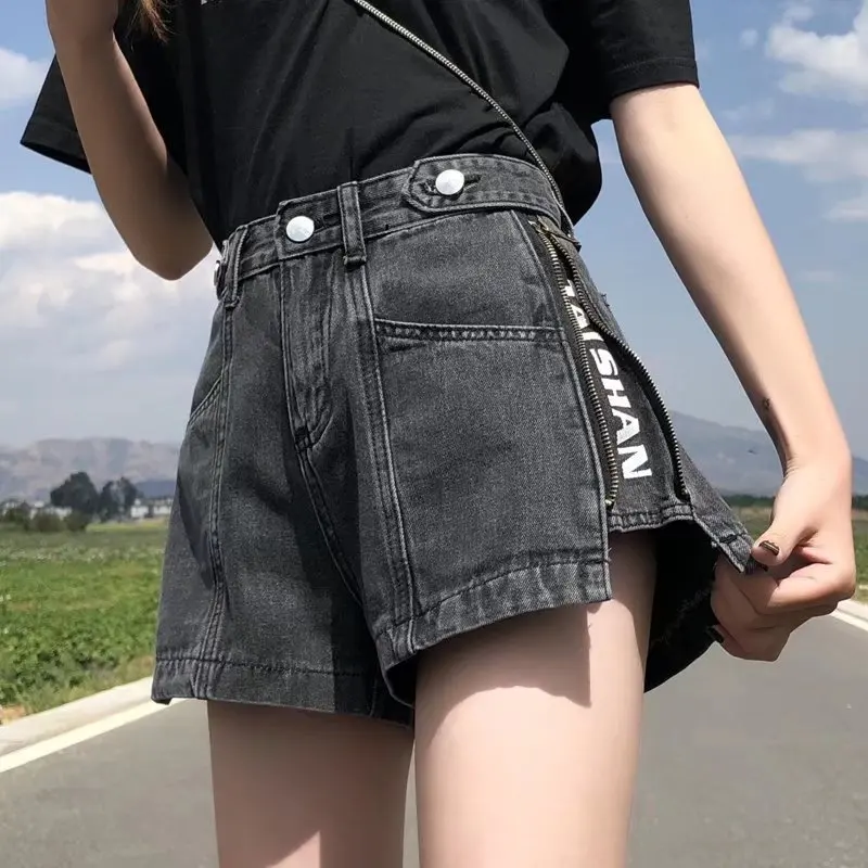 Women's Korean Y2K Black Denim Shorts Summer Thin High Waist A-Line Loose Wide Leg Slimming Hot Pants