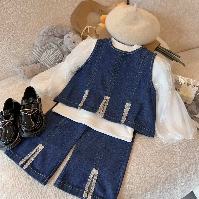 

Girl Suit 2024 New Autum Winter Korean Fashion Style Denim Suit Baby Girl Denim Vest Split Pants Doll Shirt Three Piece Suit