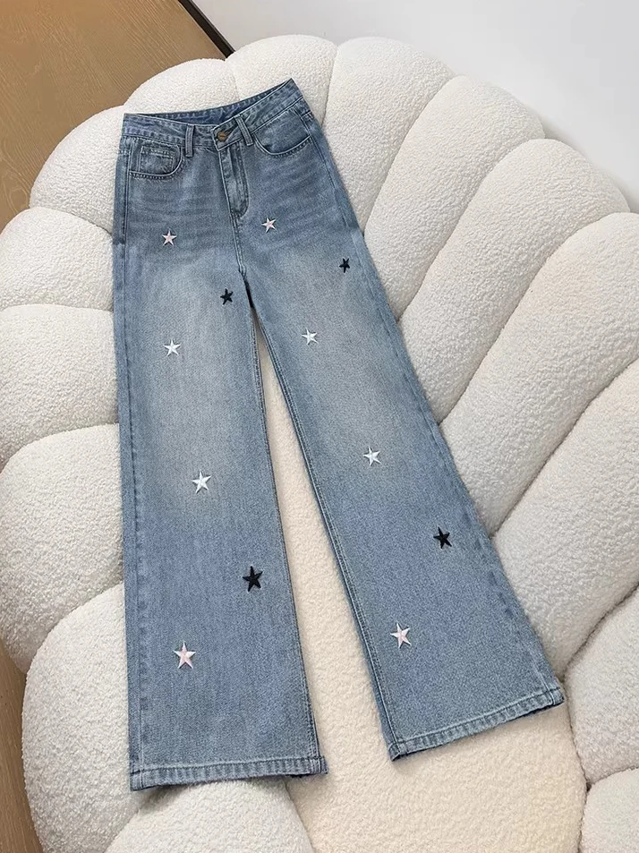 

American Style Embroidered Straight Leg Jeans Women's Spring Summer plus Size Hiding Hip Slimming Drapey Wide Leg Pants