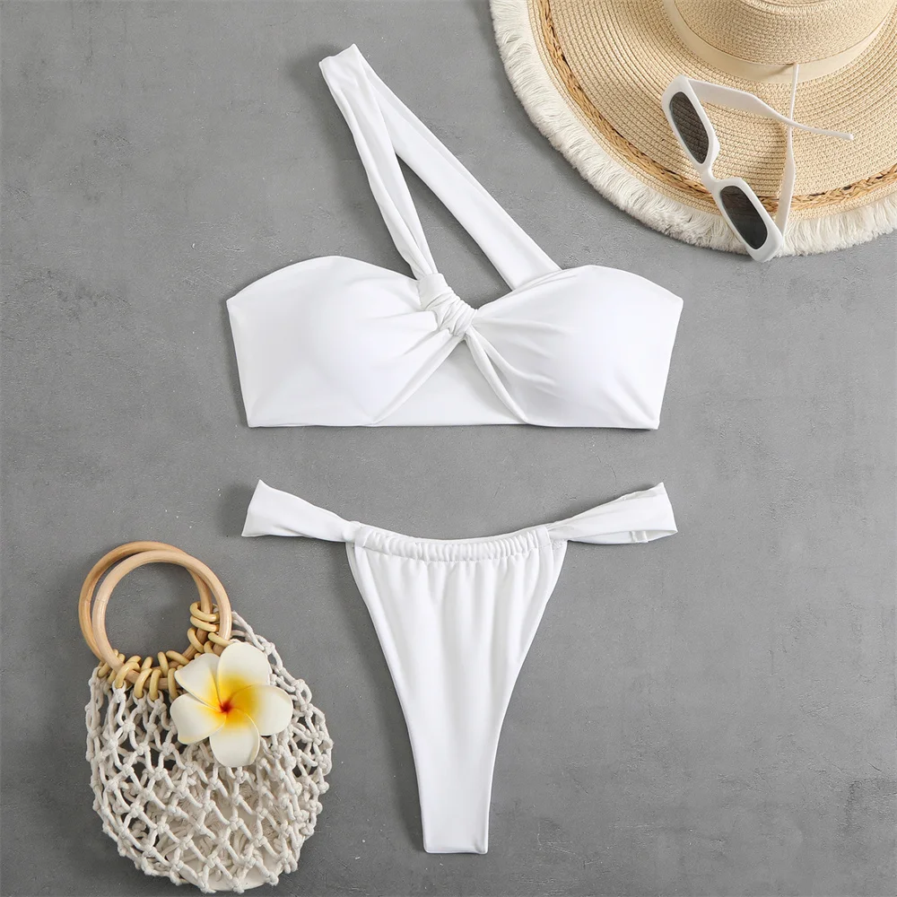 Sexy One Shoulder Bandage Bandeau Swimsuit Knotted Bikini Vacation Swimwear Women Beach Outfit Bathing Suit Trajes De Bano Mujer