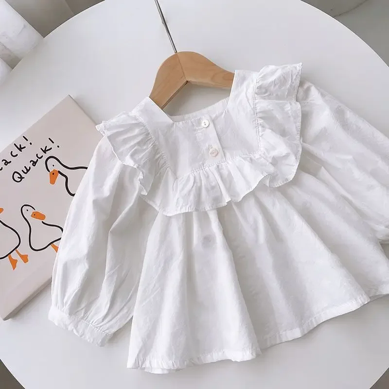 Korean girls top autumn doll shirt loose baby white blouse ruffle edge square collar children's long sleeve