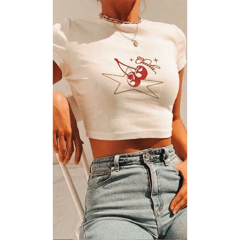 High Street Punk Woman Cute T-shirt Y2k Aesthetic Short Sleeve Crop Tops Harajuku Baby Tees Cherry Print Ribbed Vintage Clothing