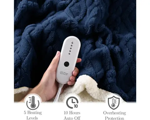 Twin Size Electric Heating Blanket with 10-Hour Auto Off, 5 Heat Levels & Overheat Protection in Navy Blue