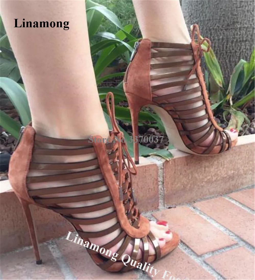 

Linamong Narrow Straps Stiletto Heel Gladiator Sandals Elegant Open Toe Lace-up Brown Thin Heel Dress Shoes Party Pumps Big Size