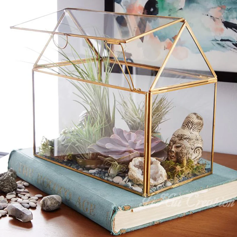 Geometric Glass House / Handmade Glass Terrarium / Modern Planter for Indoor Gardening / Desktable Vase / Stained Glass Box