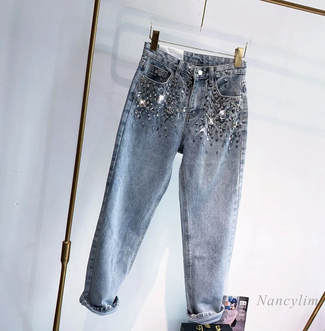 European Fashion New Heavy Industry Full Diamond Rhinestone Flash Denim Pants Women\'s Jeans Blue 2023 Spring Summer