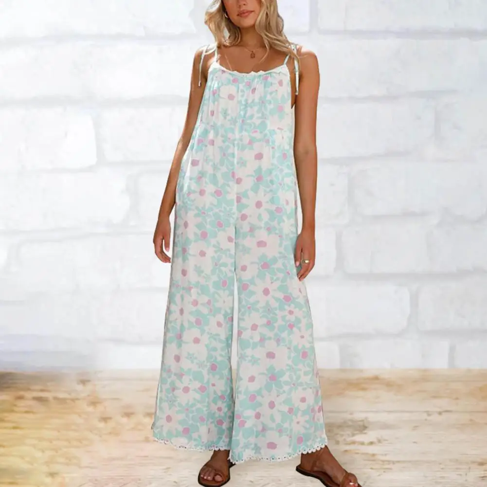 

Women Summer Jumpsuit Lace-up Strap Sleeveless Flower Print Wide Leg Straight Deep Crotch Pockets Beach Strappy Jumpsuit