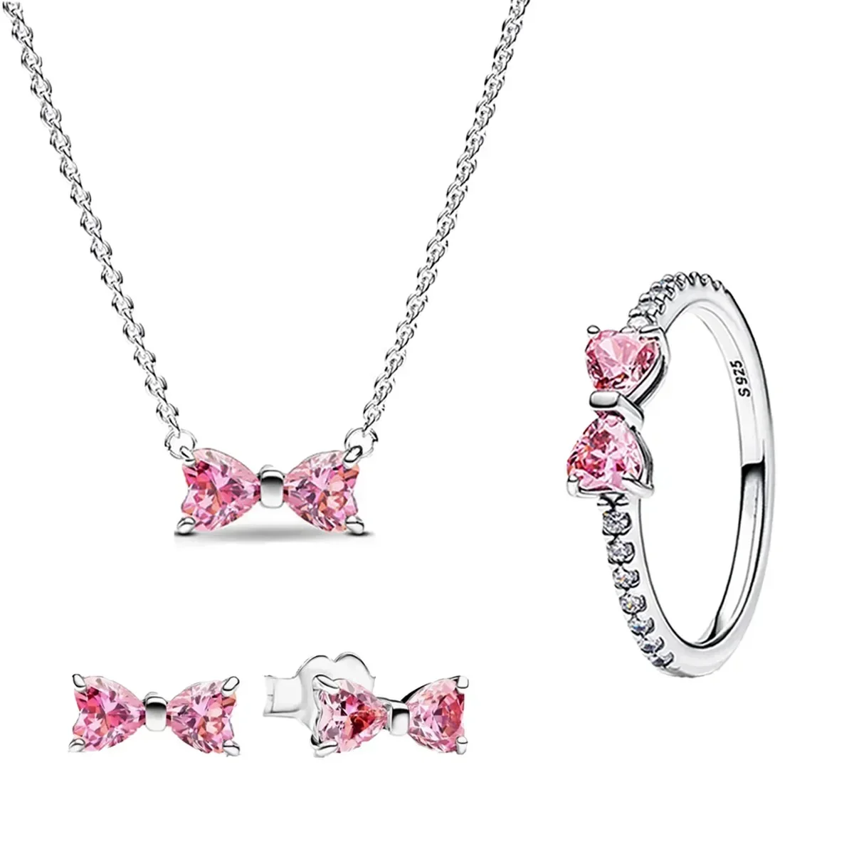 New Original 925 Sterling Silver Crown Bow Heart Set Ring Necklace Earring Crystal Women Valentine's Birthday Gift DIY Jewellery