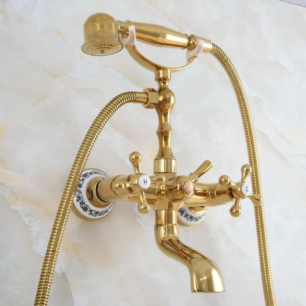 Luxury Gold Color Brass Wall Mount Bathroom Bath Tub Faucet Set WITH/ 1.5M Handheld Shower Spray Head Mixer Tap Dna850