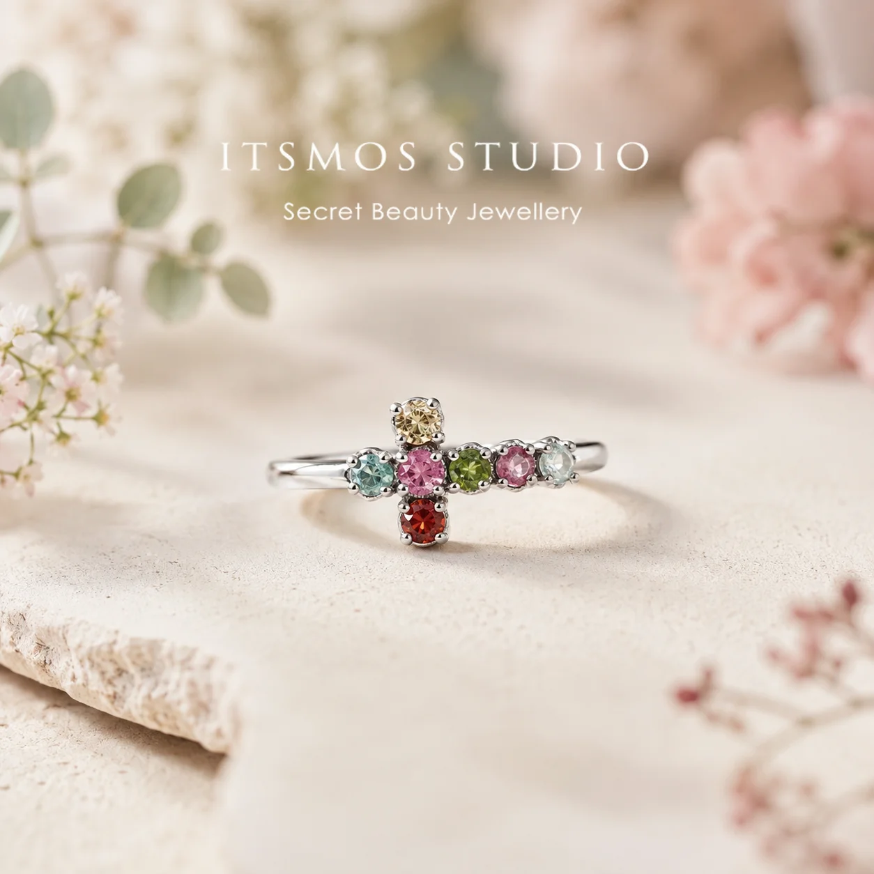 ITSMOS Handcrafted Natural Rainbow Tourmaline Cross Ring Colorful Gemstone Statement Ring Stackable Faith Jewelry for Women
