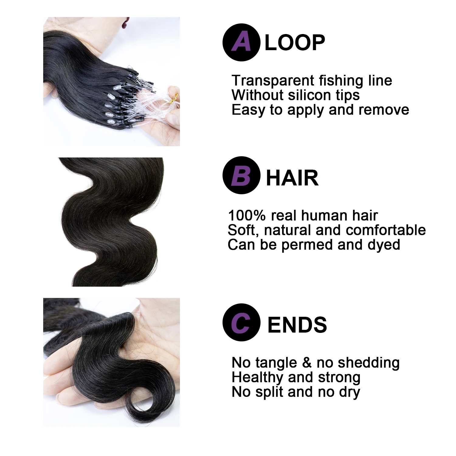 Micro Link Hair Extensions Human Hair Body Wave Micro Bead Hair Extension Natural Black 50 Strands/Set Micro Loop Hair Extension