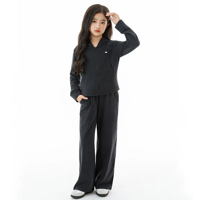 

Спортивный костюм для девочек-подростков, осеннее пальто с капюшоном на молнии для школьниц, прямые штаны для маленьких девочек, детские повседневные комплекты из 2 предметов для девочек
