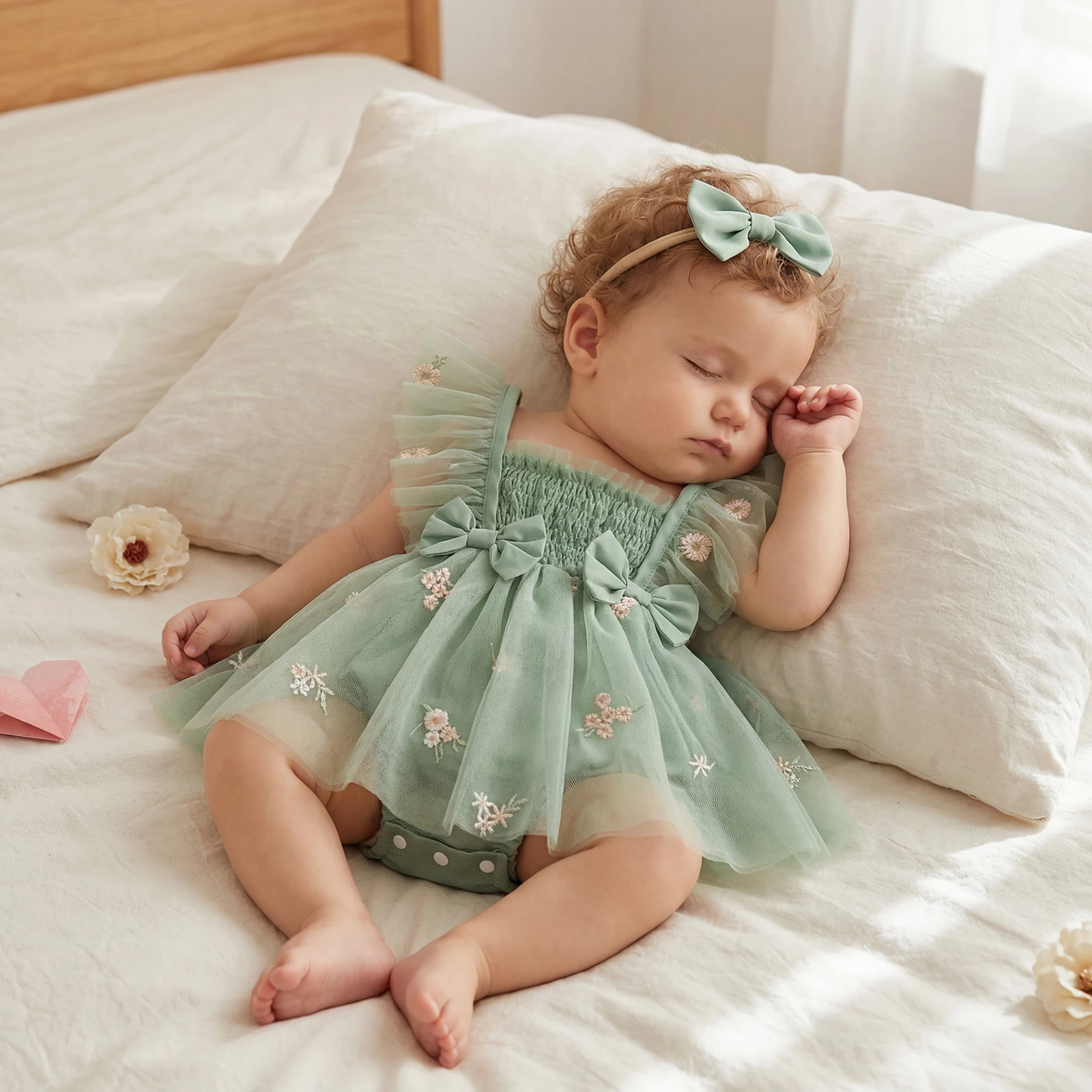 Baby Girl Summer Mesh Bodysuits Dress Outfit Floral Embroidery Flutter Sleeve Tulle Romper Dress Bow Headband 2 Piece Set