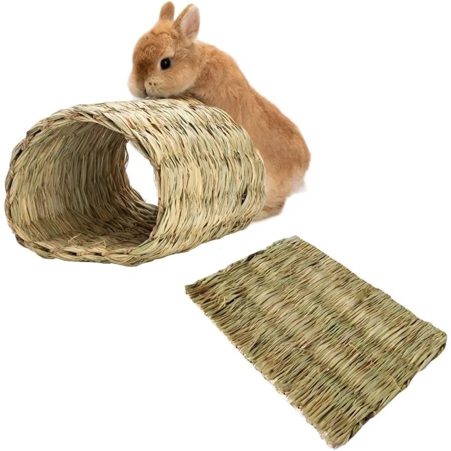 

Hamiledyi Rabbit Grass TunnelRabbit Grass Bed Natural Straw Woven Mat Winter Warm Hideaway Hut for Bunny Gerbil Ferrets Chinchi