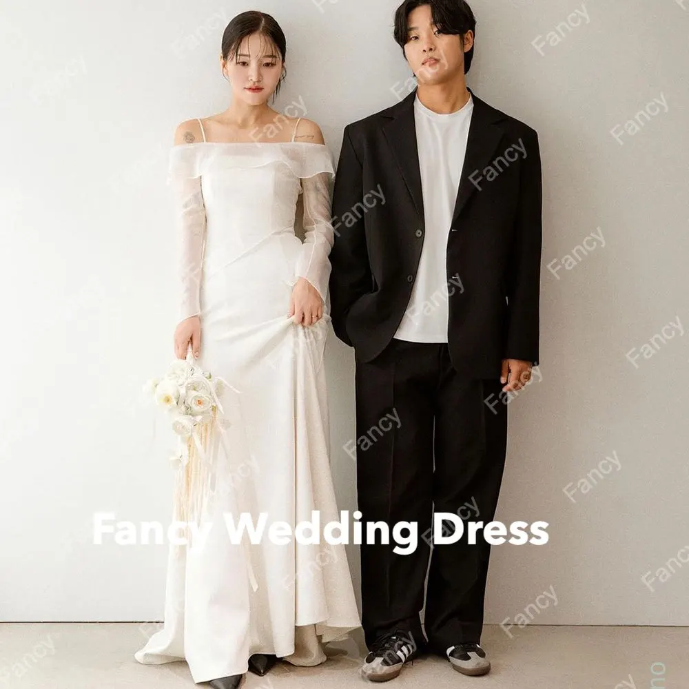 Fancy Simple Square Neck Wedding Dress Korea ID Shoot Elastic Satin Long Sleeve Bridal Gown A Line 웨딩드레스 Custom Made