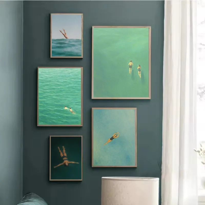 Minimalist Swimmers Diving Posters and Printed Summer Pool Abstract Swimming Green Waves Wall Art Pictures Home Decor Gift