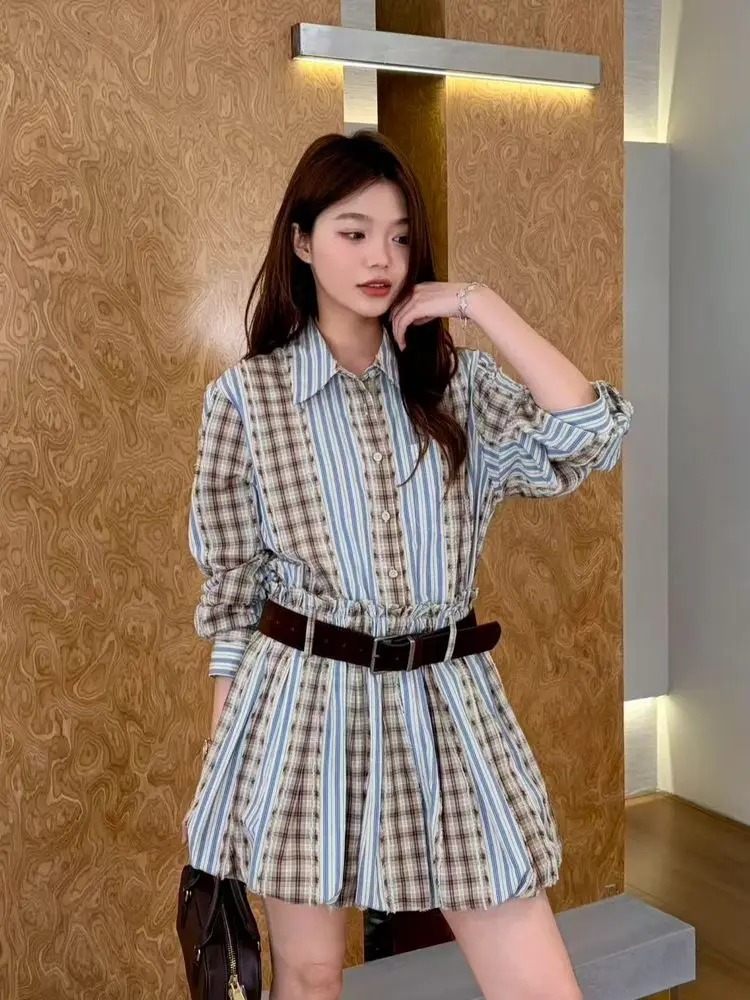 Fashionable Plaid  Collar Shirt Dress Women's Waist-Cinching Slimming Youthful Short Skirt Casual Style Silk Cotton Material