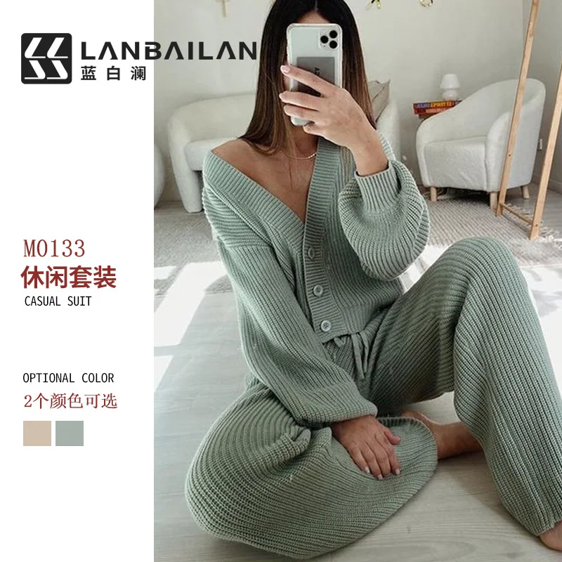 2025 Casual Fashion Women's Clothing Solid Color Cardigan Long-sleeved Knitted Sweater Trousers Two-piece Set Europe and America