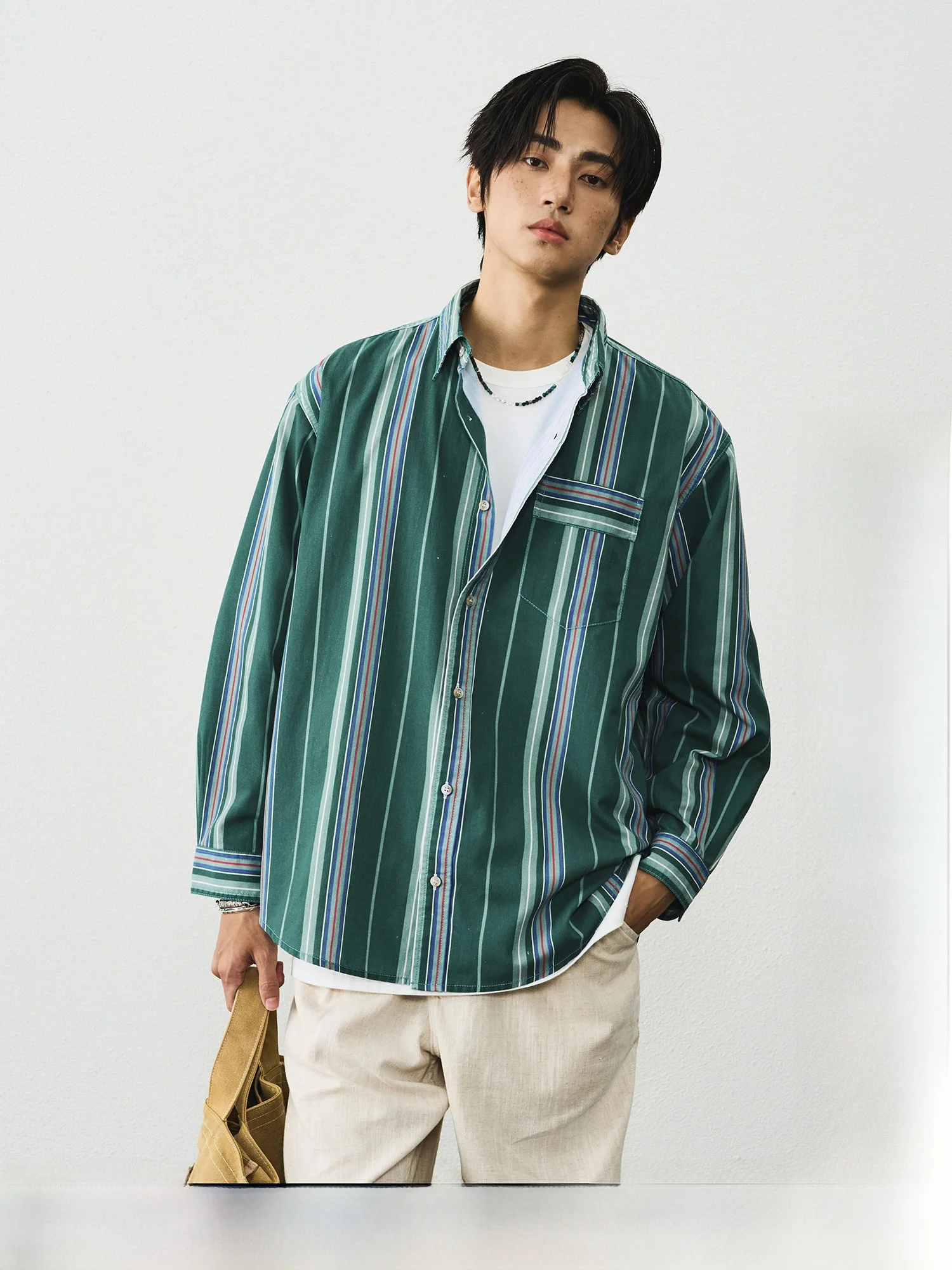 

CENLES AW25 Men's Loose Fit Washed Long Sleeve Striped Shirt Casual Style City Walk Outdoor Adventure Camping Date Casual Shirt