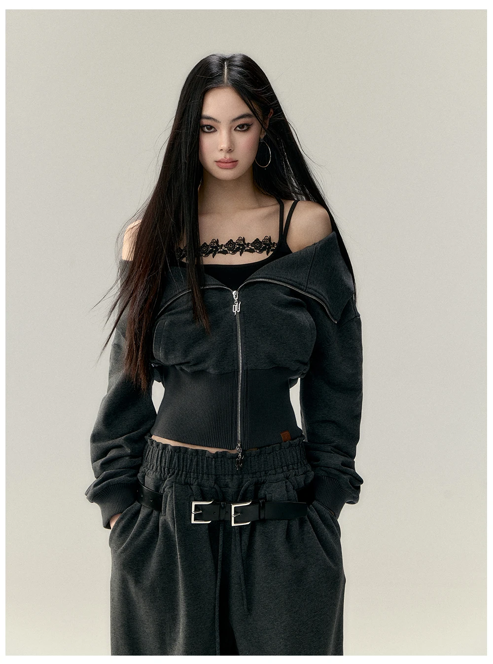 

VIAPITTI двустороннее пальто с большим отложным воротником, повседневное пальто, тонкие короткие куртки на молнии с открытыми плечами, сексуальные женские топы с длинными рукавами в стиле панк