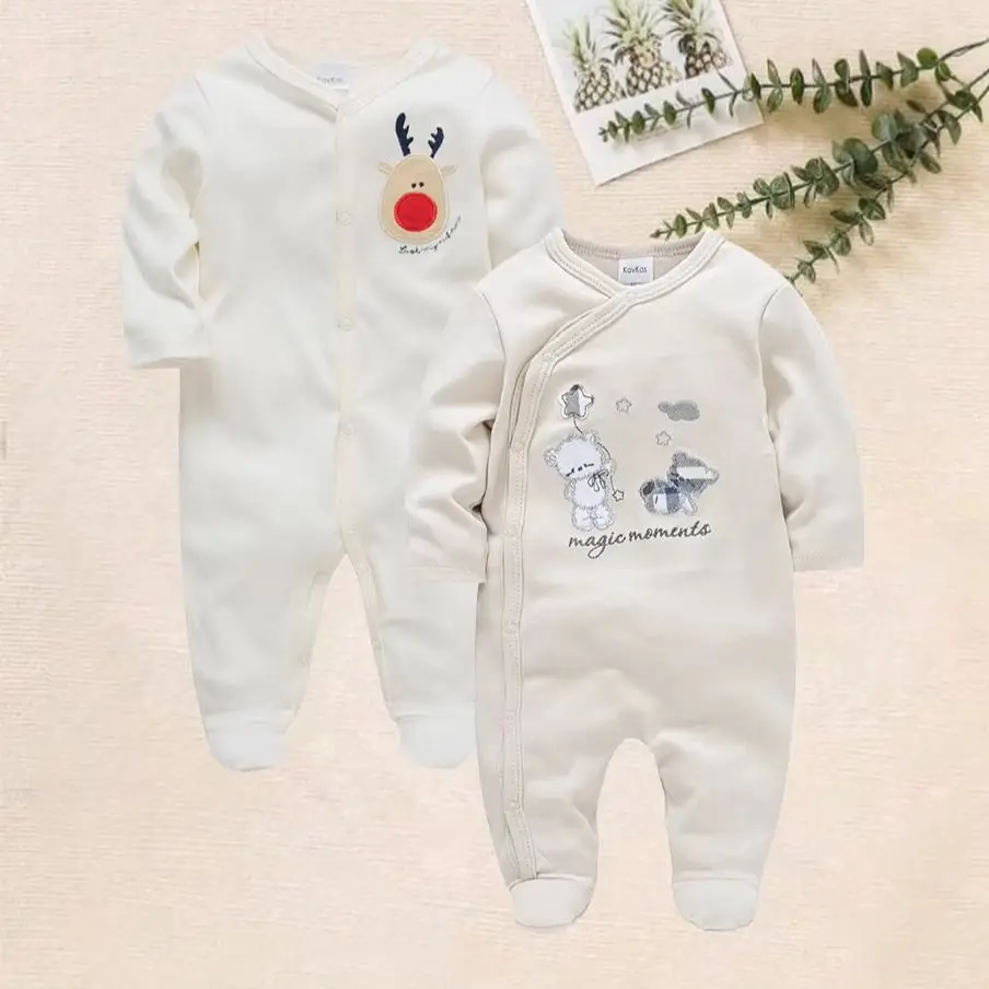Christmas Baby Footed 2PCS Cotton Long Sleeve Infant Footie Rompers Reindeer Bear Embroidery Newborn Neutral Home Outfit