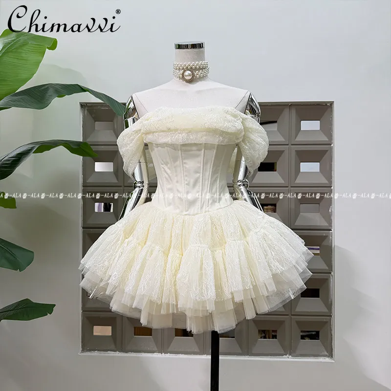 

High-end Fashion Fishbone Lace Tulle Princess Dress New Spring Summer Sweet Girls Slim Elegant Off-the-shoulder Bandeau Dress