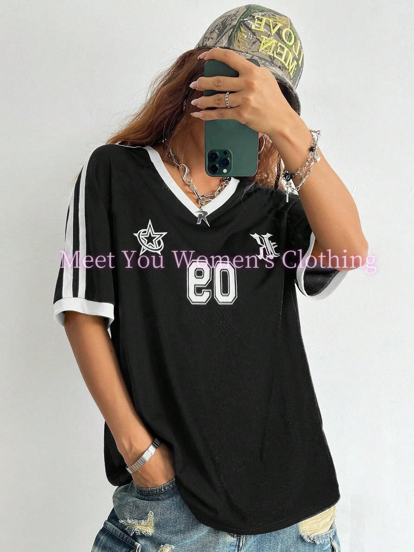 

Strars NO.09 Print Woman T Shirt Girl Oversize Daily Top Female Creativity Sport Streettshirt V-Neck T-Shirt Casual Clothes