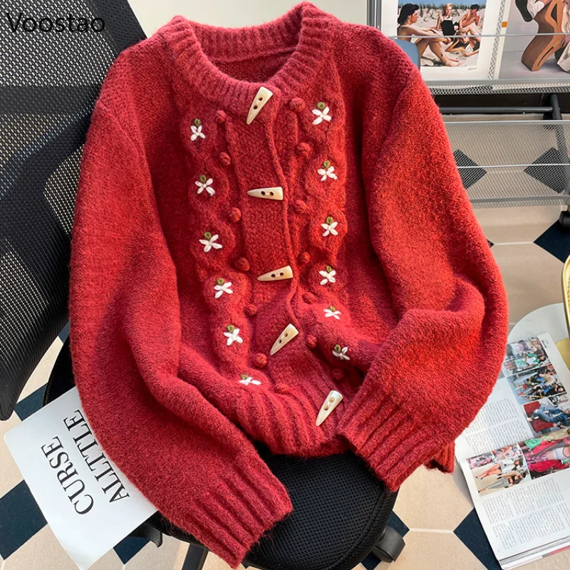 Mori Girl Sweet Knitted Cardigan Women Vintage O-Neck Embroidery Horn Button Sweater Loose Coat Y2k Cute Knitwear Autumn Clothes