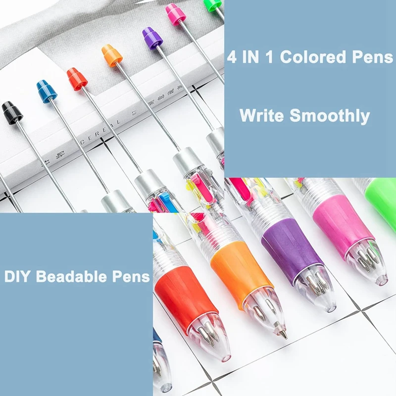 24Pcs Multi-Color Beaded Pens 4-In-1 Colorful Beaded Pens Retractable Ballpoint Pens DIY Making Kit For Office Easy Install