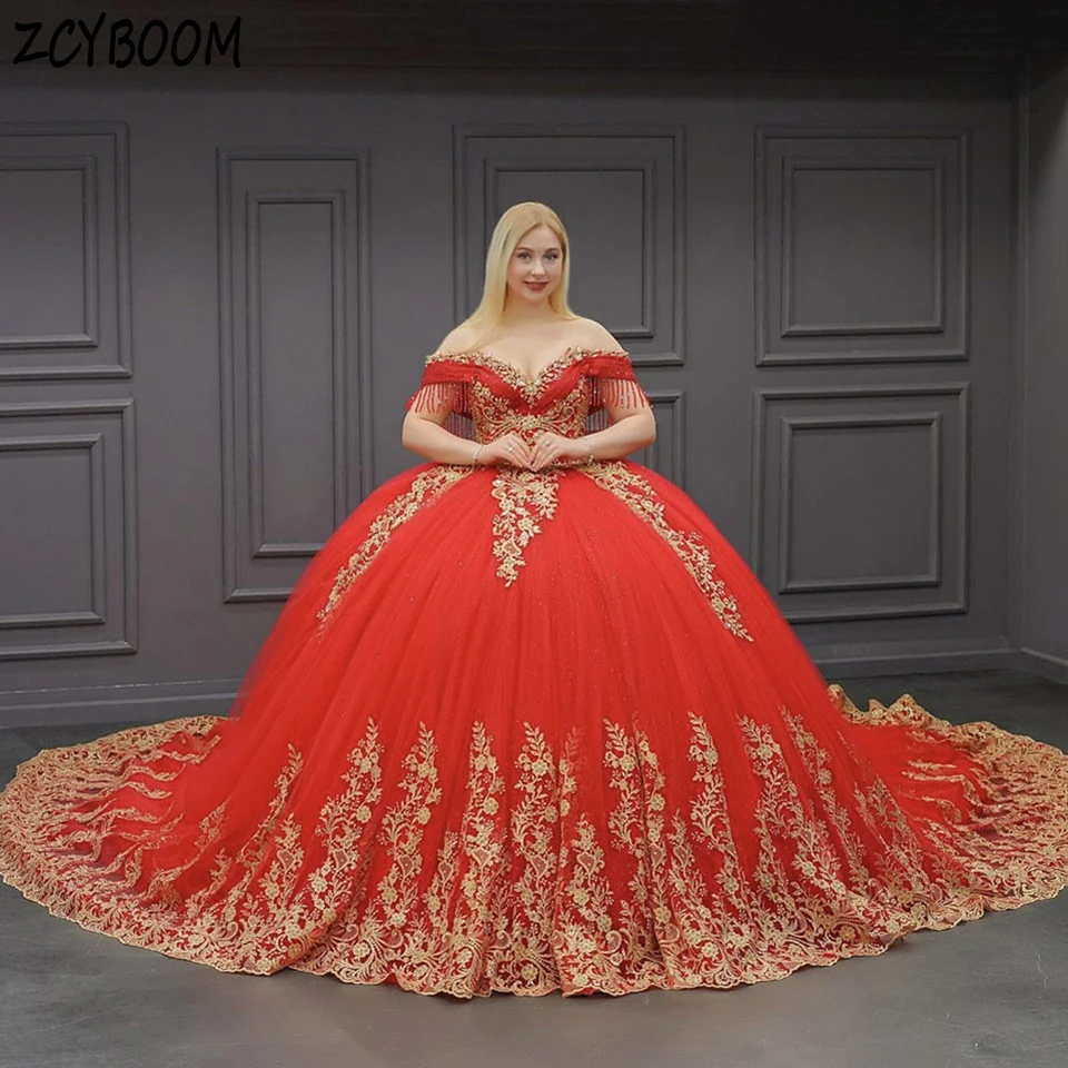 Customized Red V-Neck Open Back Appliques Beaded Quinceanera Evening Dress 2024 Ball Gown Floor Length Sweep Train Prom Dress