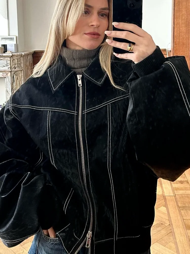 SIYANG  Women Fashion Chic Cropped Plque Leather coats Female Pockets Zipper Lapel Collar Leather coats Ladies Casual Coat