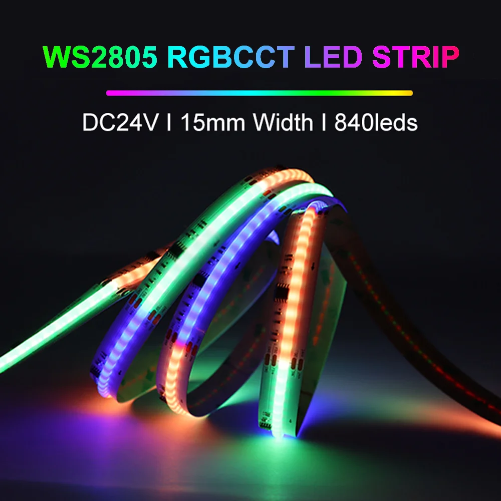 RGBCCT COB LED Strip DC24V WS2805 Addressable Dream Color RGB+CW WW 15mm 840leds High Brightness Flexible Tape Ribbon  5m